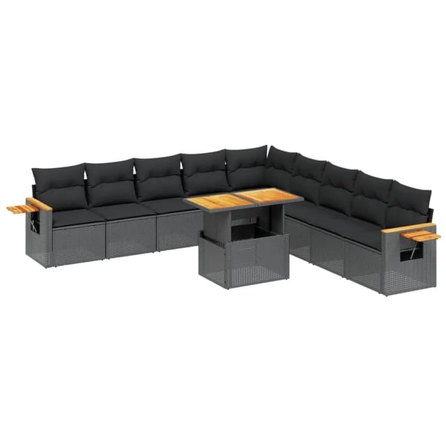 vidaXL 11-Tlg Garten-Sofagarnitur mit Kissen Schwarz Poly Rattan 3273701