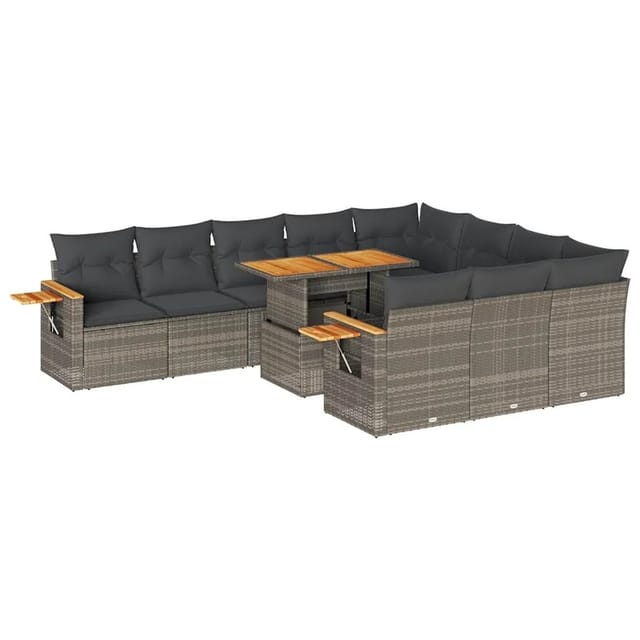 vidaXL 11-Tlg Garten-Sofagarnitur mit Kissen Grau Poly Rattan Akazie 3327651