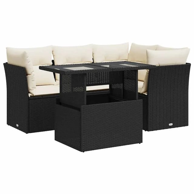 vidaXL 5-Tlg Garten-Sofagarnitur mit Kissen Schwarz Poly Rattan 3326147