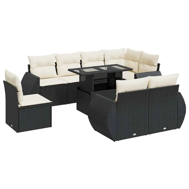 vidaXL 9-Tlg Garten-Sofagarnitur mit Kissen Schwarz Poly Rattan 3326657