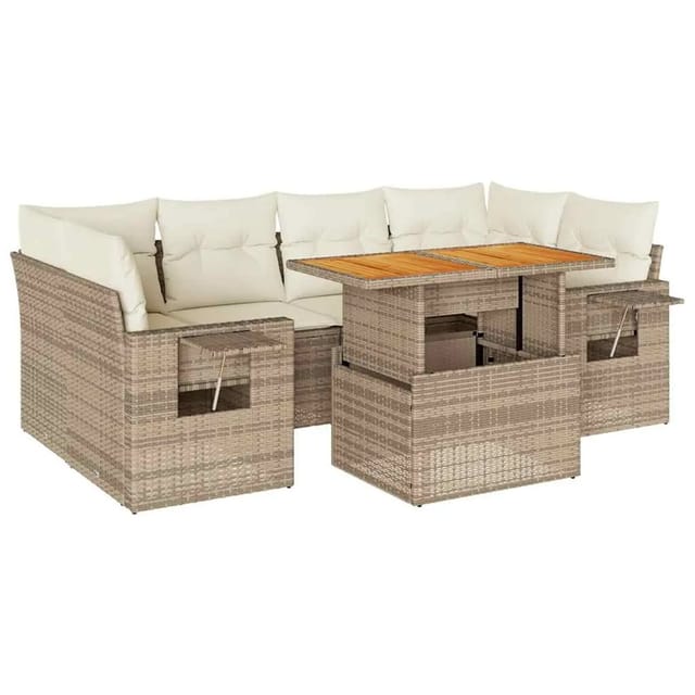 vidaXL 7-Tlg Garten-Sofagarnitur mit Kissen Beige Poly Rattan 3327117