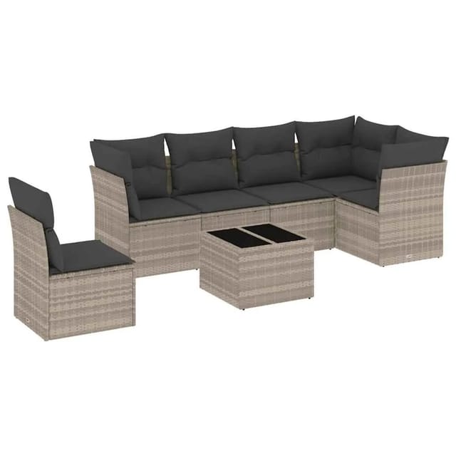 vidaXL 7-Tlg Garten-Sofagarnitur mit Kissen Hellgrau Poly Rattan 3217712