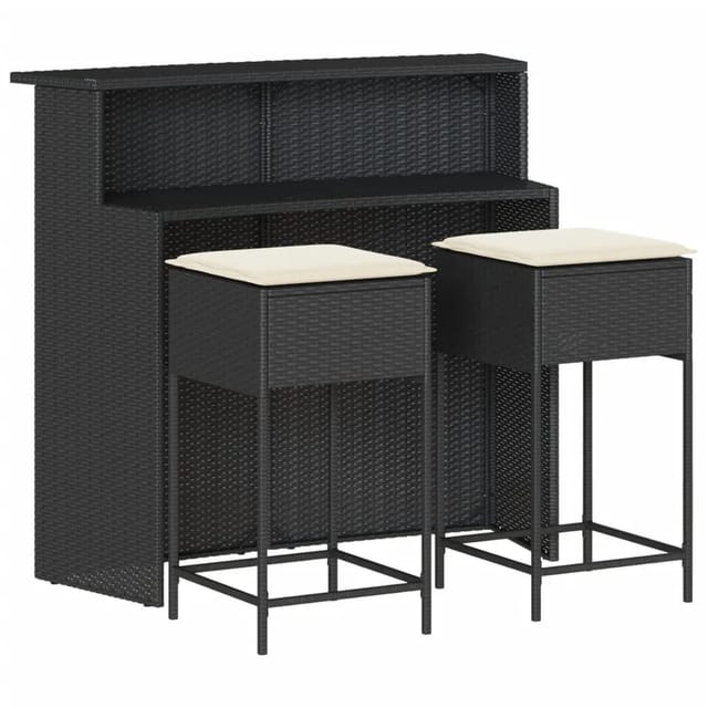 vidaXL 3-Tlg Gartenbar-Set mit Kissen Schwarz Poly Rattan 3261486
