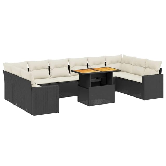 vidaXL 11-Tlg Garten-Sofagarnitur mit Kissen Schwarz Poly Rattan 3271483