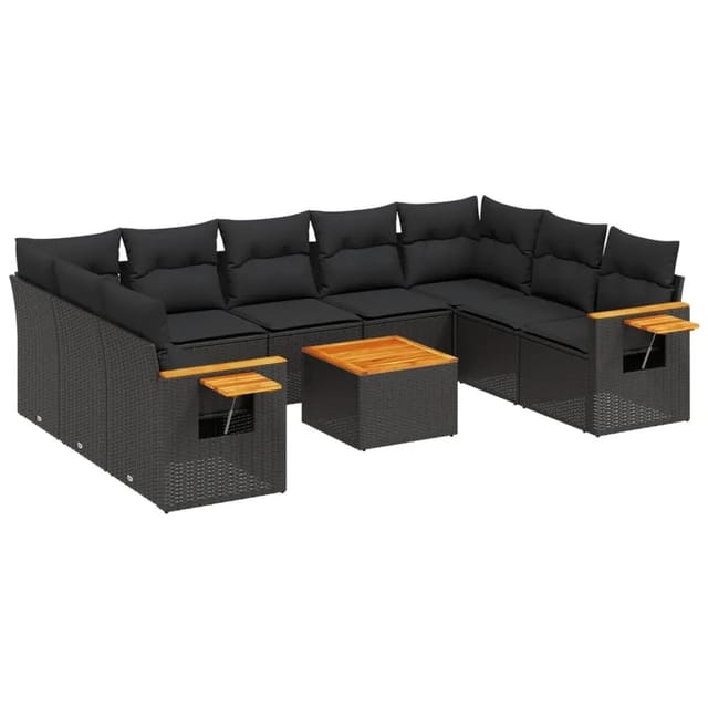 vidaXL 10-Tlg Garten-Sofagarnitur mit Kissen Schwarz Poly Rattan 3259521