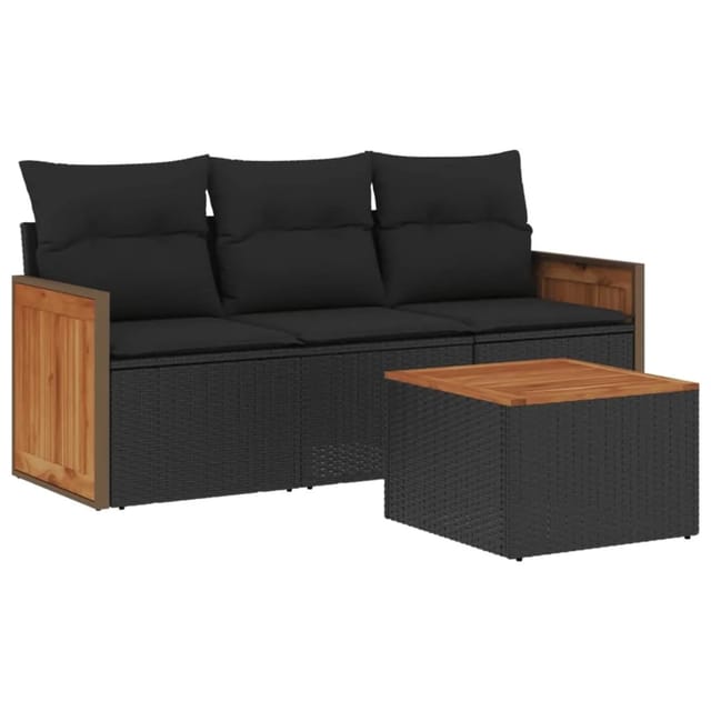 vidaXL 4-Tlg Garten-Sofagarnitur mit Kissen Schwarz Poly Rattan 3227441