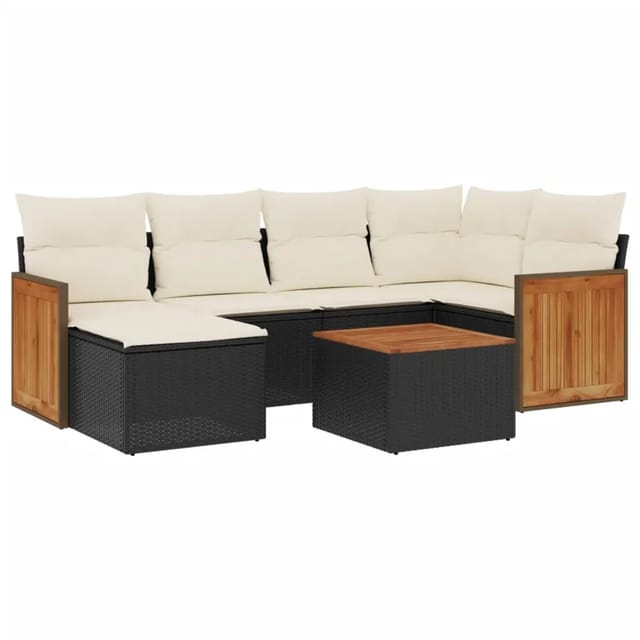 vidaXL 7-Tlg Garten-Sofagarnitur mit Kissen Schwarz Poly Rattan 3227862