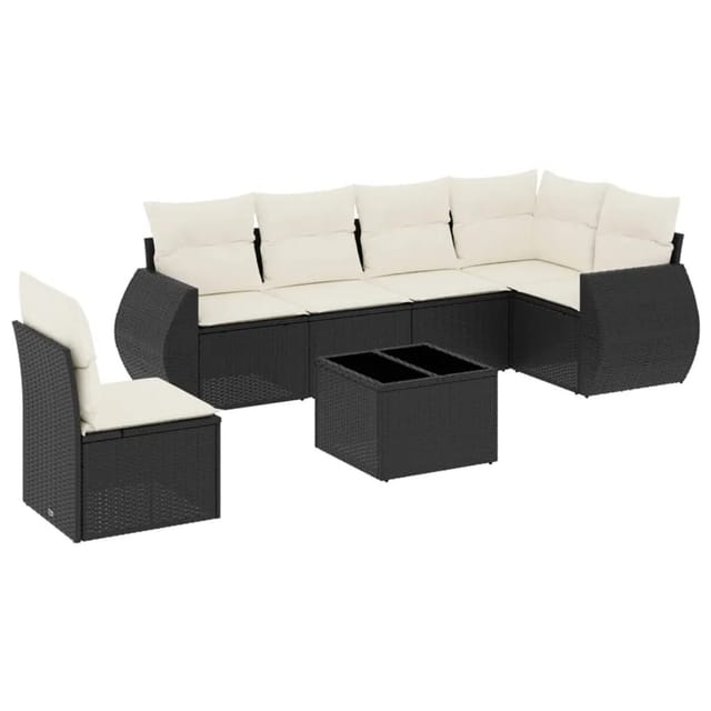 vidaXL 7-Tlg Garten-Sofagarnitur mit Kissen Schwarz Poly Rattan 3221435