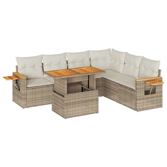 vidaXL 7-Tlg Garten-Sofagarnitur mit Kissen Beige Poly Rattan Akazie 3327607