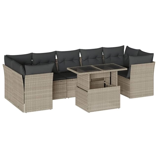 vidaXL 8-Tlg Garten-Sofagarnitur mit Kissen Hellgrau Poly Rattan 3266402