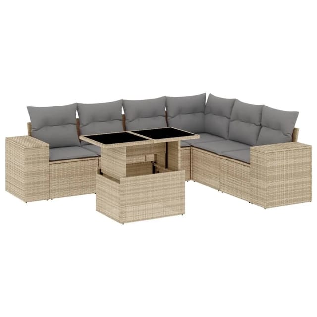 vidaXL 7-Tlg Garten-Sofagarnitur mit Kissen Beige Poly Rattan 3269189