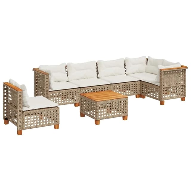 vidaXL 7-Tlg Garten-Sofagarnitur mit Kissen Beige Poly Rattan 3261880