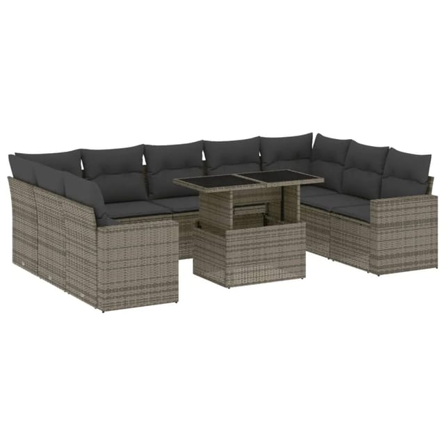 vidaXL 10-Tlg Garten-Sofagarnitur mit Kissen Grau Poly Rattan 3267480