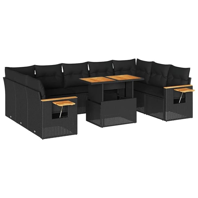 vidaXL 10-Tlg Garten-Sofagarnitur mit Kissen Schwarz Poly Rattan 3327639