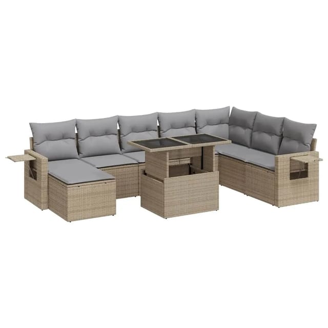 vidaXL 9-Tlg Garten-Sofagarnitur mit Kissen Beige Poly Rattan 3326530