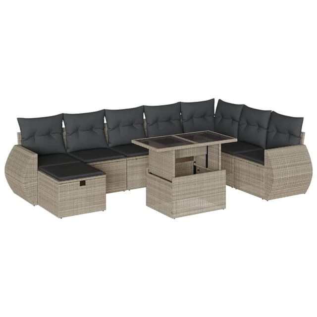 vidaXL 9-Tlg Garten-Sofagarnitur mit Kissen Hellgrau Poly Rattan 3275192