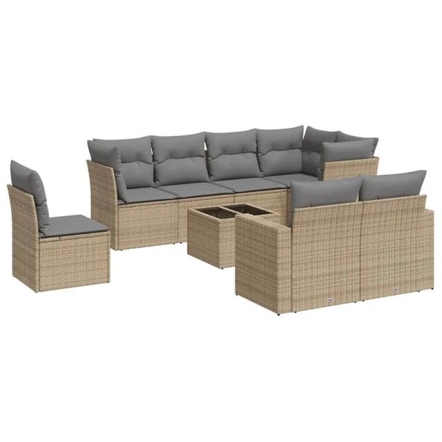 vidaXL 9-Tlg Garten-Sofagarnitur mit Kissen Beige Poly Rattan 3219239