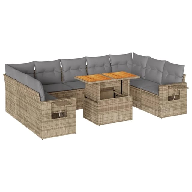 vidaXL 10-Tlg Garten-Sofagarnitur mit Kissen Beige Poly Rattan 3327195