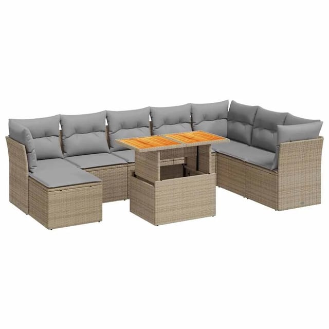 vidaXL 9-Tlg Garten-Sofagarnitur mit Kissen Beige Poly Rattan 3326964