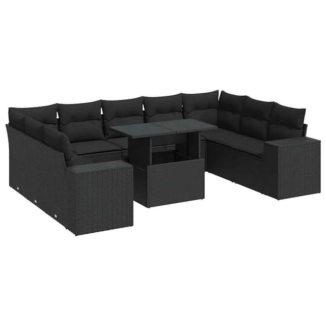 vidaXL 10-Tlg Garten-Sofagarnitur mit Kissen Schwarz Poly Rattan 3326856
