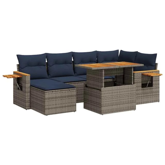 vidaXL 7-Tlg Garten-Sofagarnitur mit Kissen Schwarz Poly Rattan 3327624