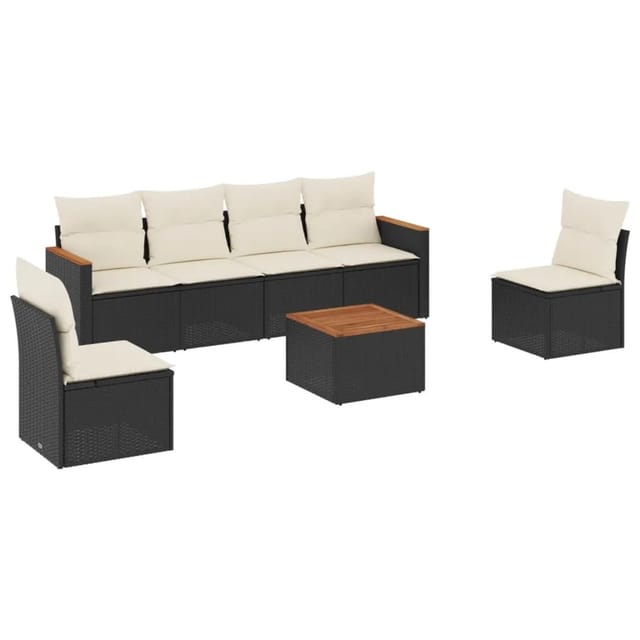 vidaXL 7-Tlg Garten-Sofagarnitur mit Kissen Schwarz Poly Rattan 3225867