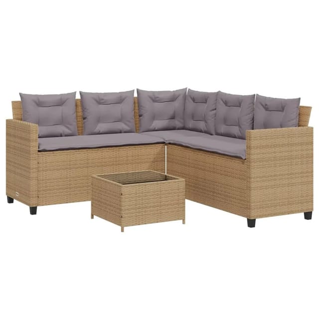 vidaXL Gartensofa in L-Form mit Tisch und Kissen Beige Poly Rattan 369042
