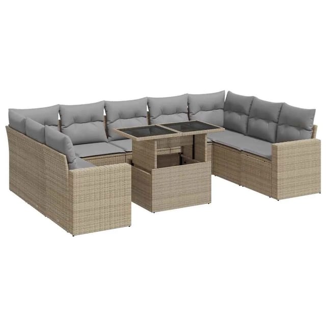 vidaXL 10-Tlg Garten-Sofagarnitur mit Kissen Beige Poly Rattan 3326380
