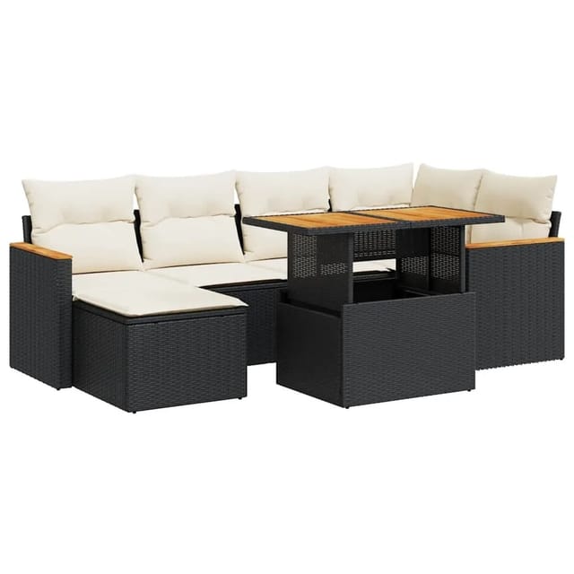 vidaXL 7-Tlg Garten-Sofagarnitur mit Kissen Schwarz Poly Rattan 3327507