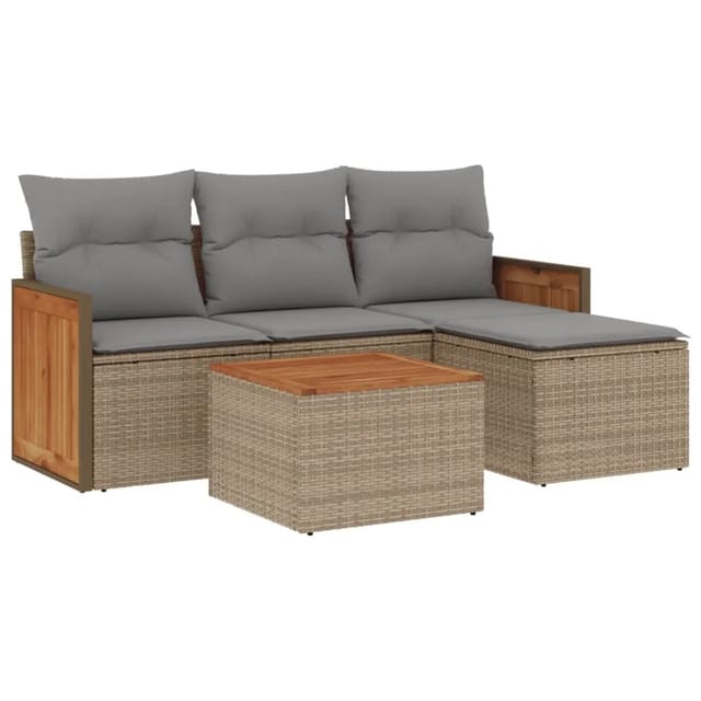 vidaXL 5-Tlg Garten-Sofagarnitur mit Kissen Beige Poly Rattan 3259994