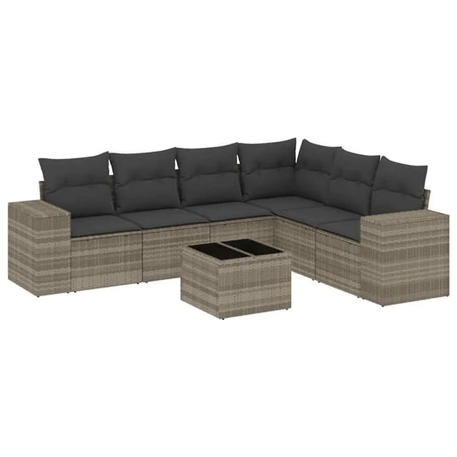 vidaXL 7-Tlg Garten-Sofagarnitur mit Kissen Hellgrau Poly Rattan 3222621