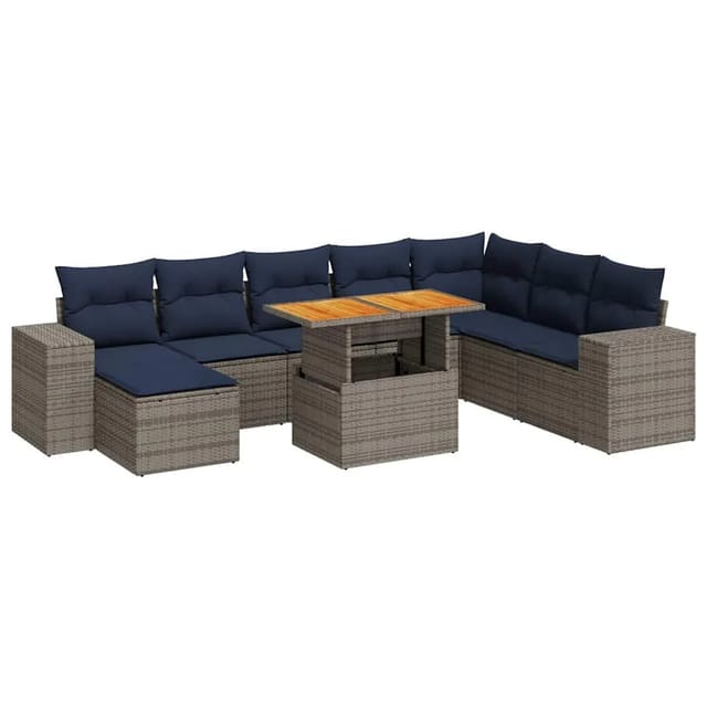 vidaXL 9-Tlg Garten-Sofagarnitur mit Kissen Grau Poly Rattan 3327414