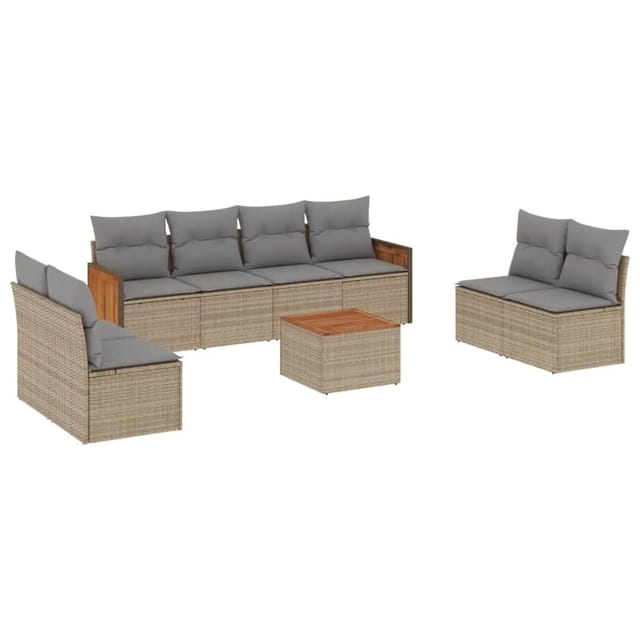 vidaXL 9-Tlg Garten-Sofagarnitur mit Kissen Beige Poly Rattan 3259980