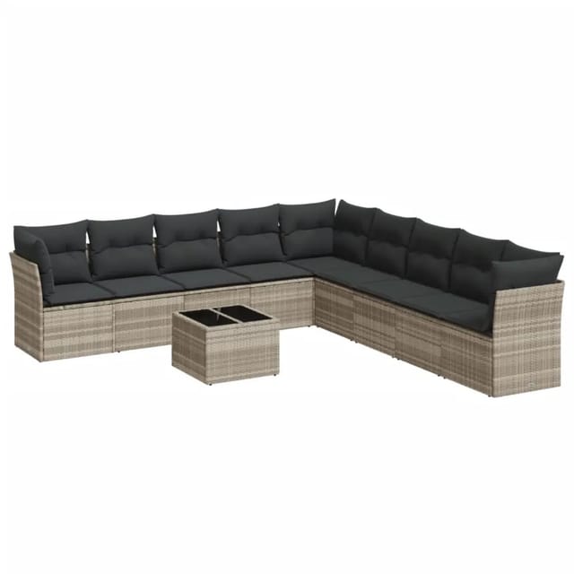 vidaXL 10-Tlg Garten-Sofagarnitur mit Kissen Hellgrau Poly Rattan 3217792