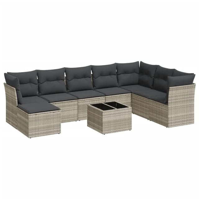 vidaXL 9-Tlg Garten-Sofagarnitur mit Kissen Hellgrau Poly Rattan 3249901