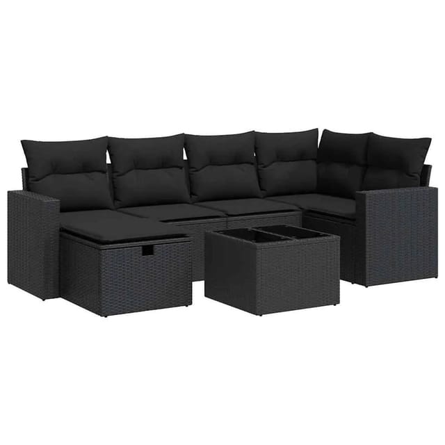 vidaXL 7-Tlg Garten-Sofagarnitur mit Kissen Schwarz Poly Rattan 3325391