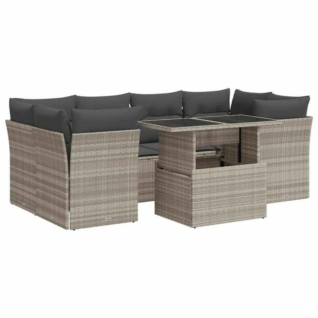vidaXL 7-Tlg Garten-Sofagarnitur mit Kissen Hellgrau Poly Rattan 3326113