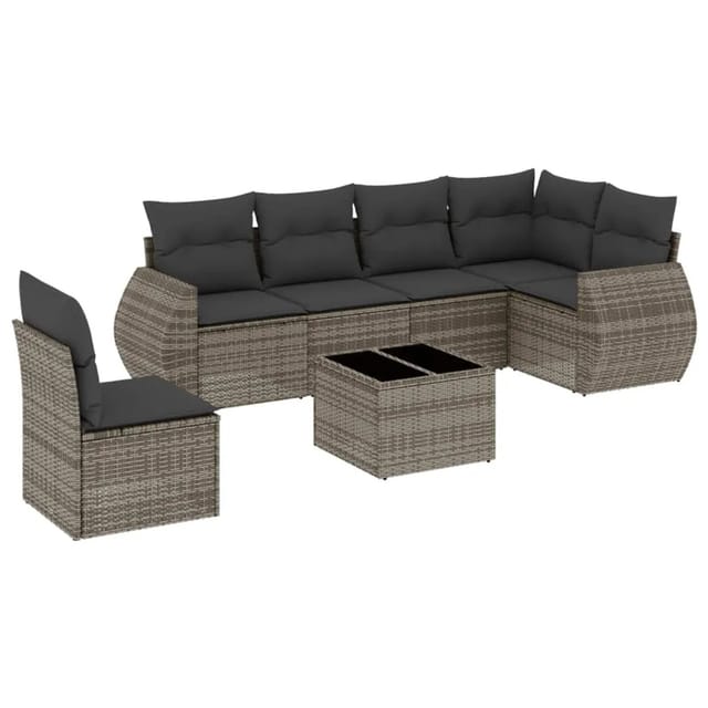 vidaXL 7-Tlg Garten-Sofagarnitur mit Kissen Grau Poly Rattan 3253777