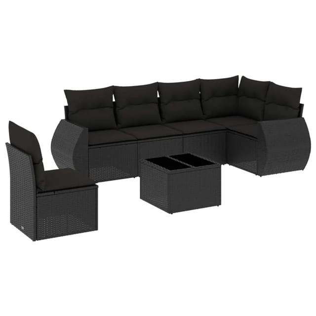 vidaXL 7-Tlg Garten-Sofagarnitur mit Kissen Schwarz Poly Rattan 3221434