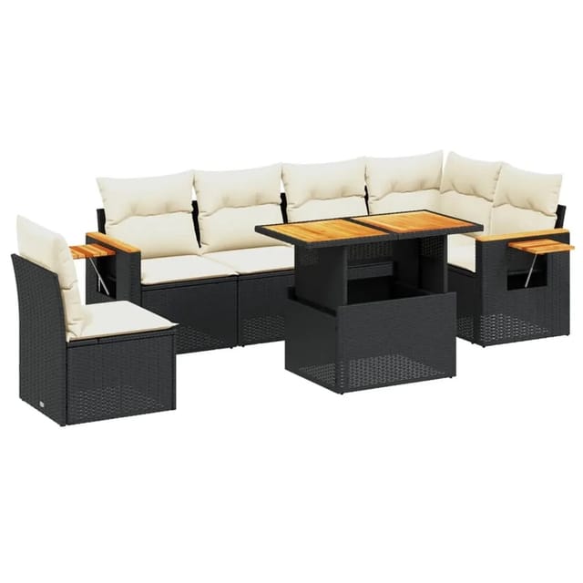 vidaXL 7-Tlg Garten-Sofagarnitur mit Kissen Schwarz Poly Rattan 3273541