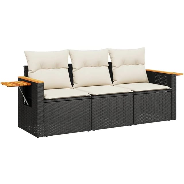 vidaXL 3-Tlg Garten-Sofagarnitur mit Kissen Schwarz Poly Rattan 3226595