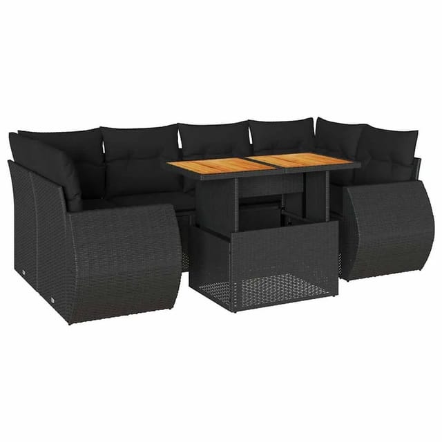 vidaXL 7-Tlg Garten-Sofagarnitur mit Kissen Schwarz Poly Rattan 3327226