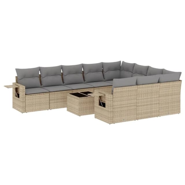 vidaXL 11-Tlg Garten-Sofagarnitur mit Kissen Beige Poly Rattan 3220698