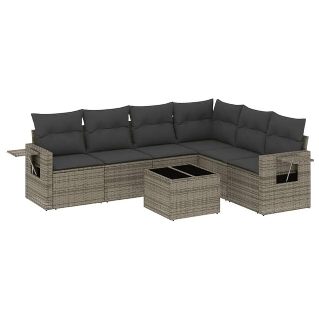 vidaXL 7-Tlg Garten-Sofagarnitur mit Kissen Grau Poly Rattan 3220219