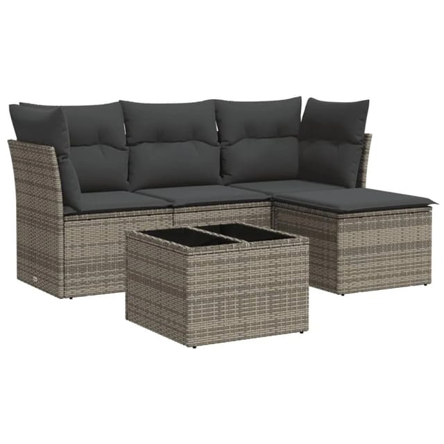 vidaXL 5-Tlg Garten-Sofagarnitur mit Kissen Grau Poly Rattan 3217550