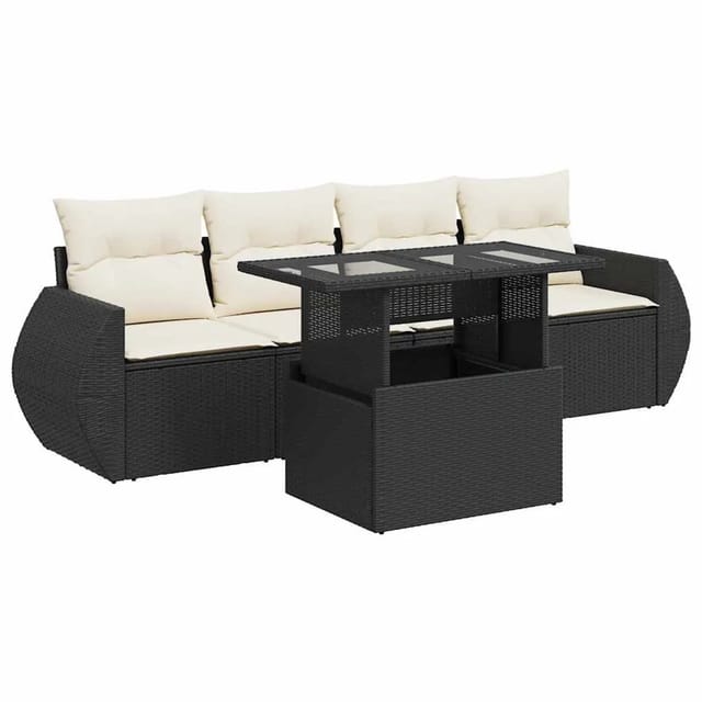 vidaXL 5-Tlg Garten-Sofagarnitur mit Kissen Schwarz Poly Rattan 3326557
