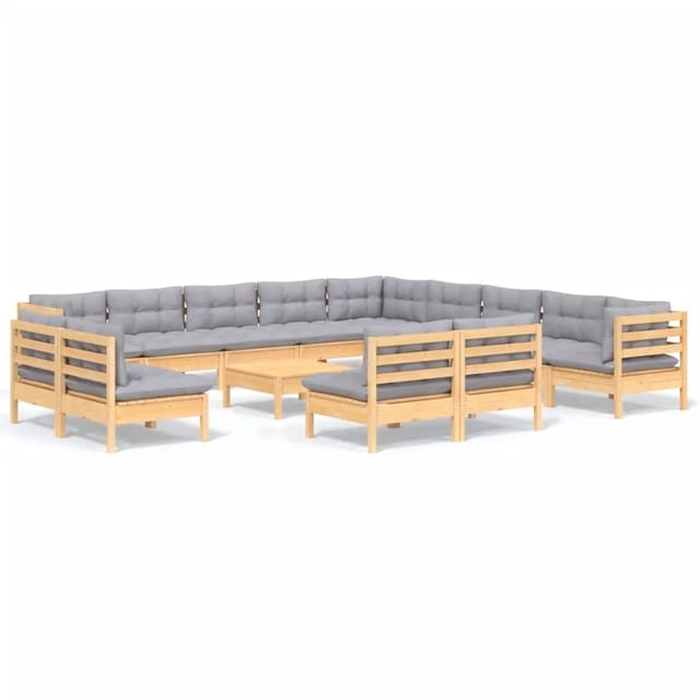 vidaXL 14-Tlg Garten-Lounge-Set mit Grauen Kissen Massivholz Kiefer 3096892