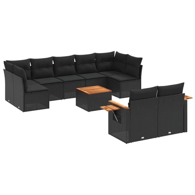 vidaXL 10-Tlg Garten-Sofagarnitur mit Kissen Schwarz Poly Rattan 3259535