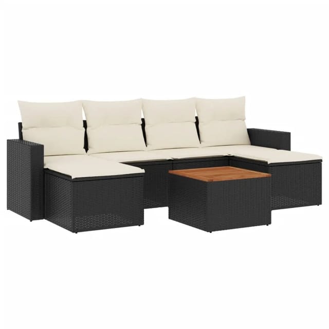 vidaXL 7-Tlg Garten-Sofagarnitur mit Kissen Schwarz Poly Rattan 3256574