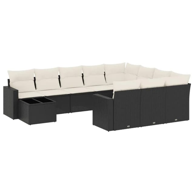 vidaXL 11-Tlg Garten-Sofagarnitur mit Kissen Schwarz Poly Rattan 3219516